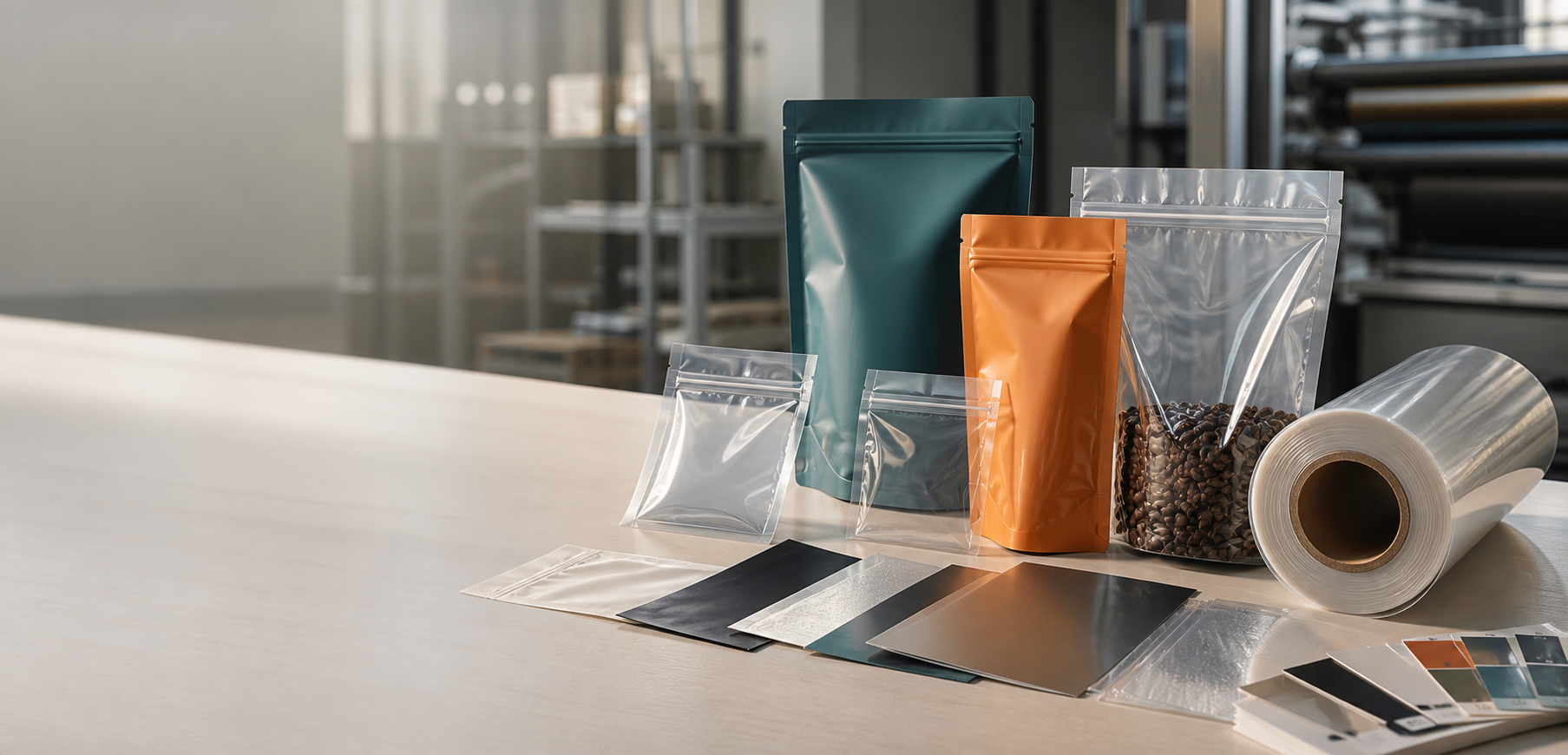 Stand-up pouches, laminate film roll, and material swatches on a packaging workshop table
