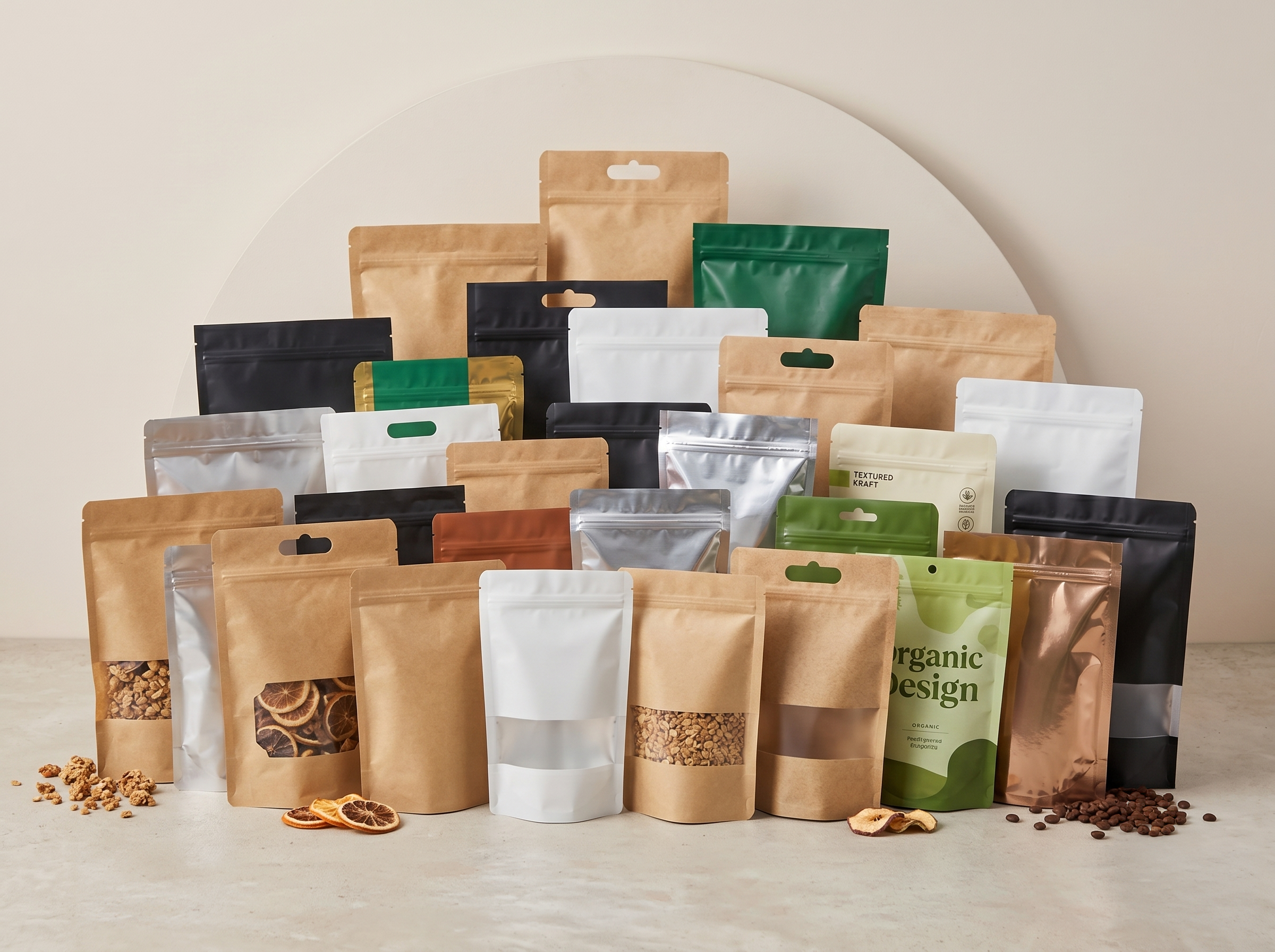 Doypack product family with kraft, metallic, matte, and glossy pouch samples