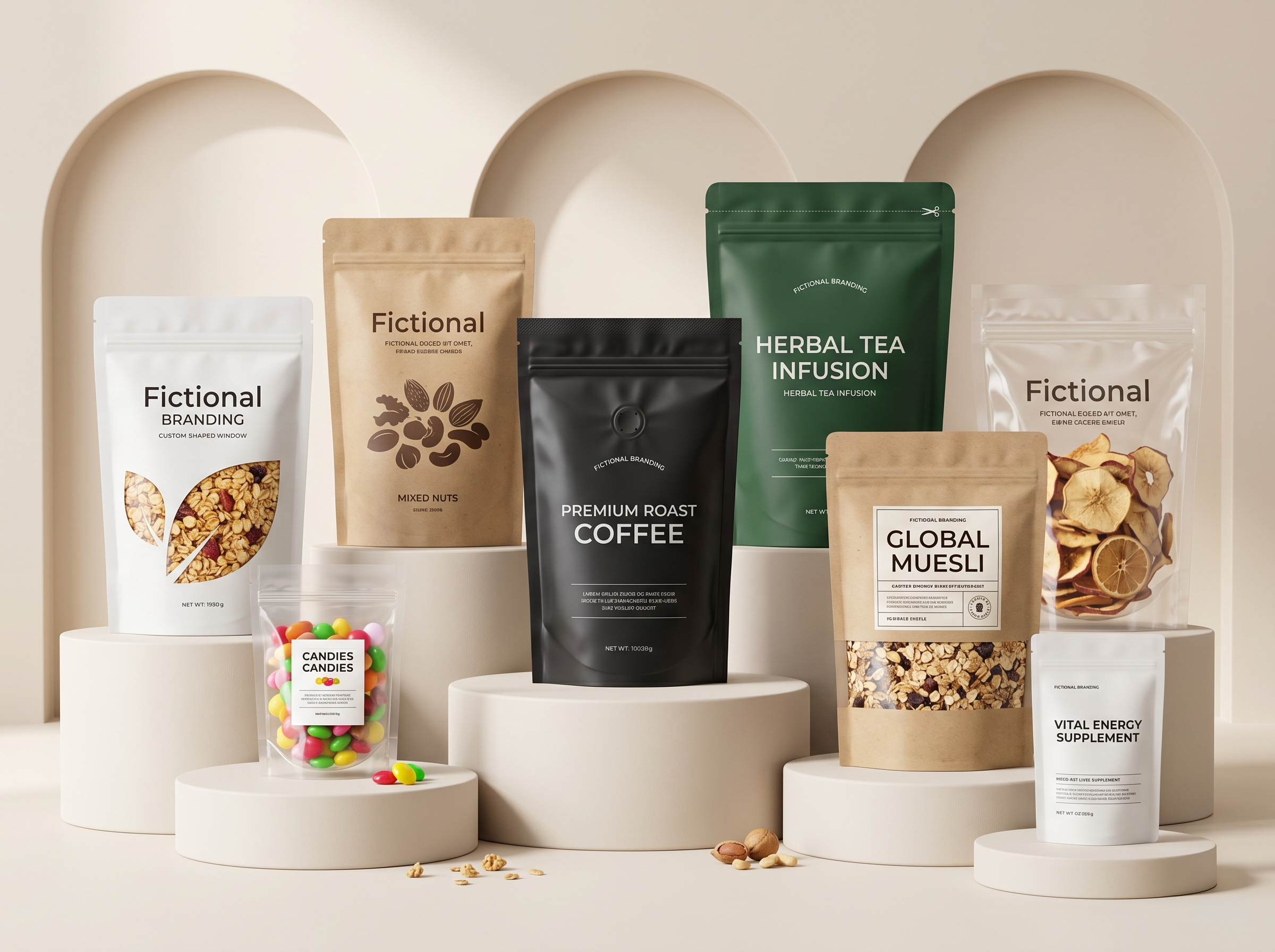 Doypack packaging group with stand-up pouches for food, coffee, tea, and dry products