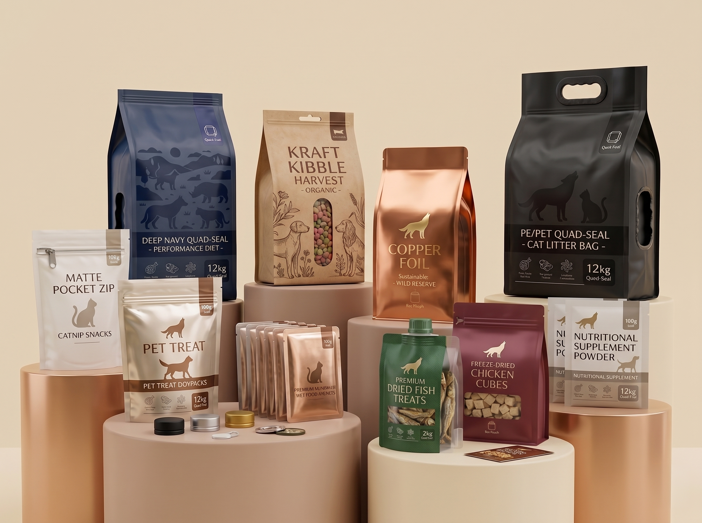 Pet food and care packaging family with kibble bags, treat pouches, and care packs