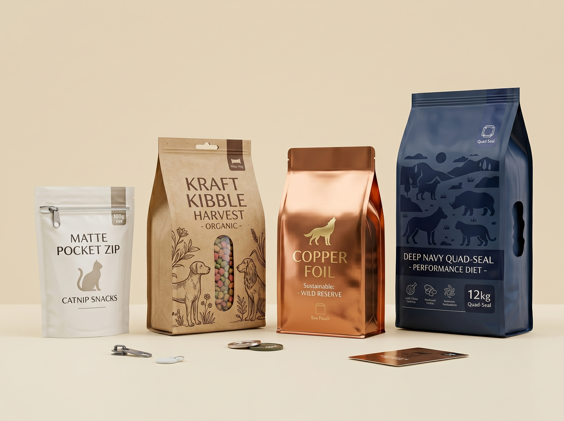 Pet food packaging group with cat snack, kibble, copper foil, and quad-seal bags