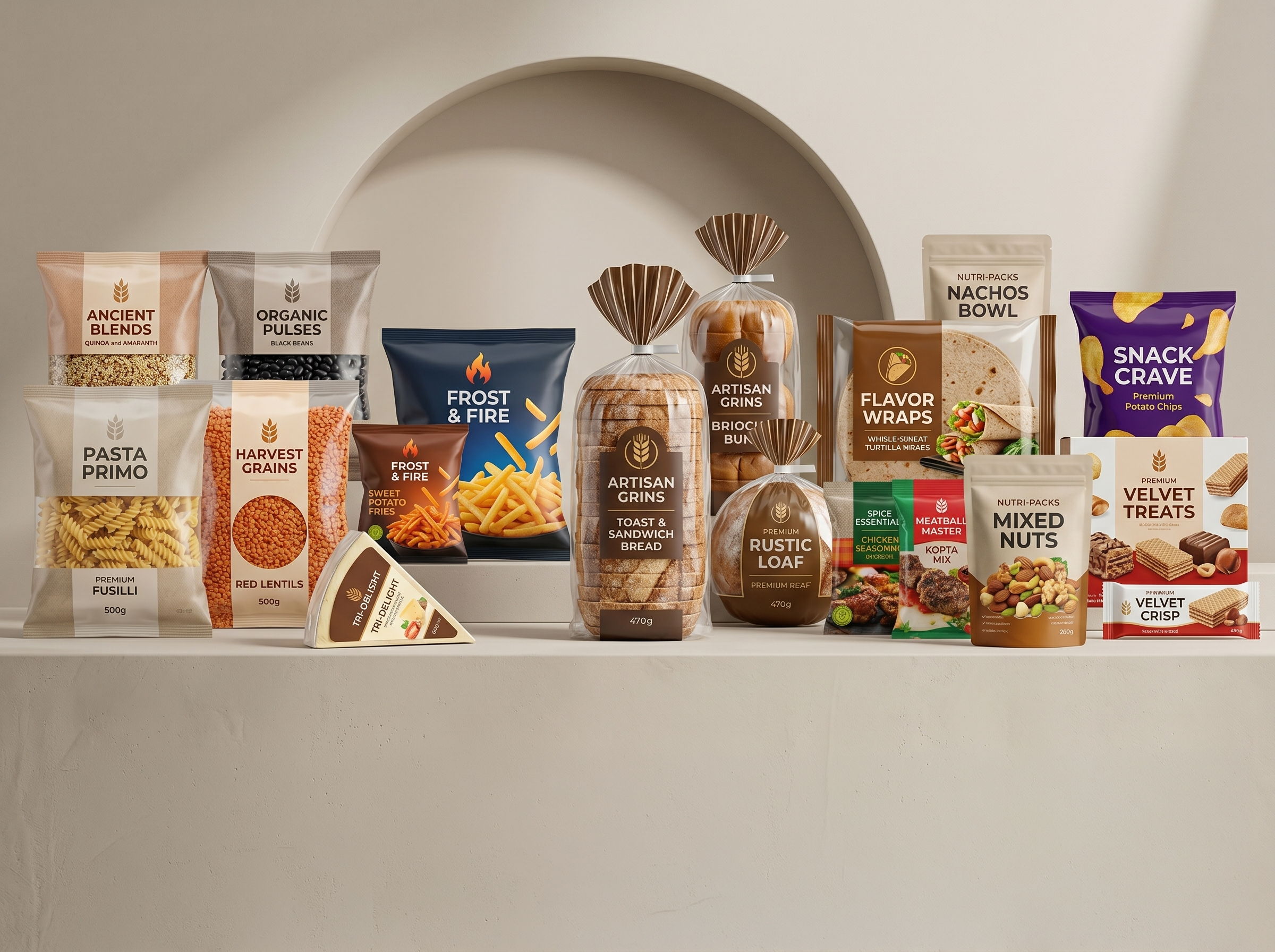 Food grade packaging family with pasta, bakery, snack, and pantry packs