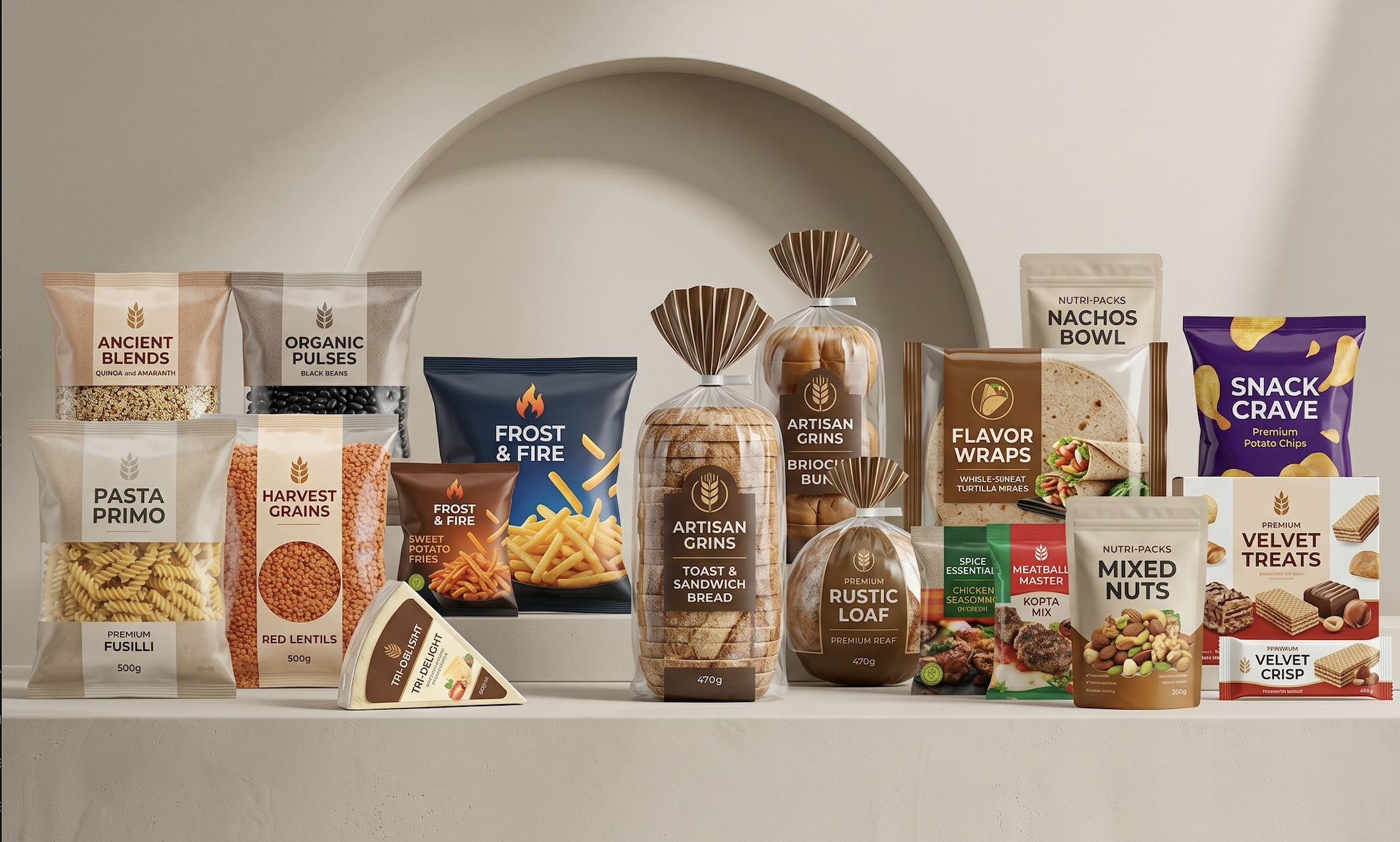 Food packaging group with pasta, pulses, bakery, snack, and pantry packaging