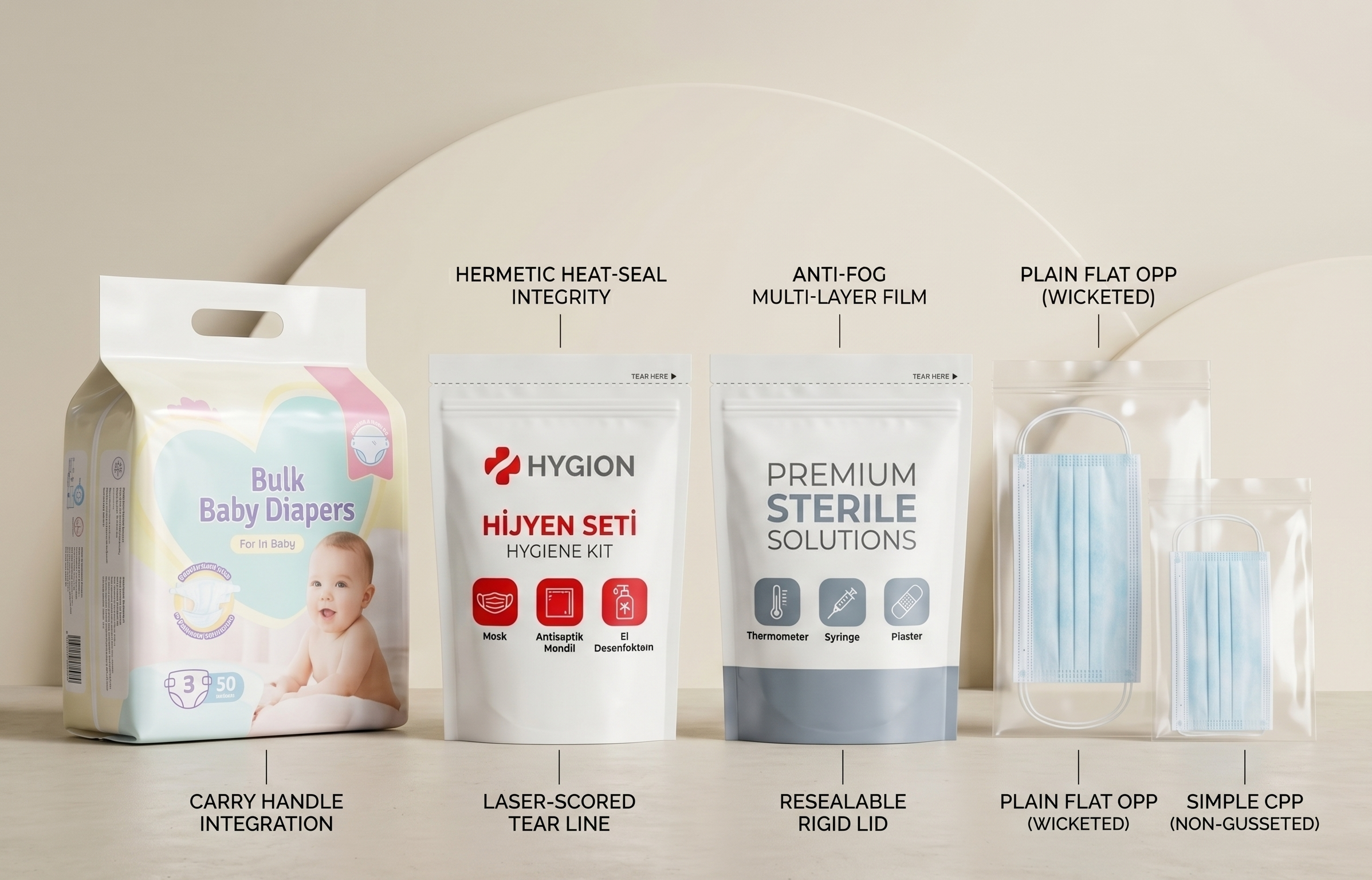 Hygiene and medical packaging family with mask, hygiene kit, and diaper packaging samples
