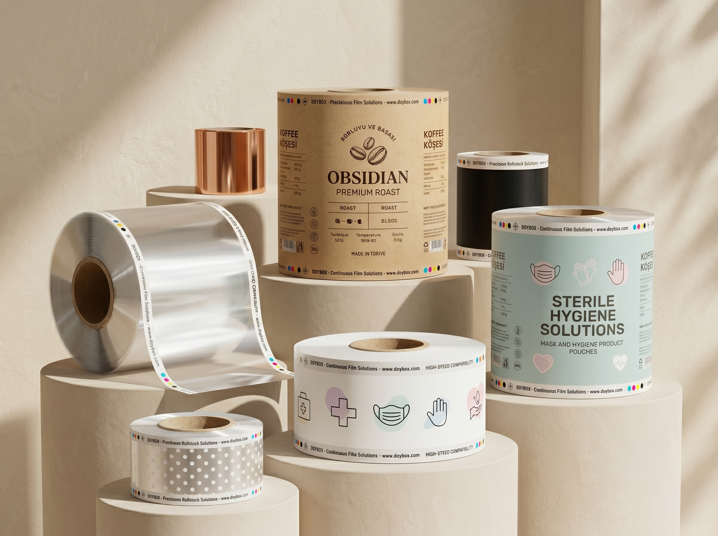 Laminated rollstock group with printed and clear film rolls