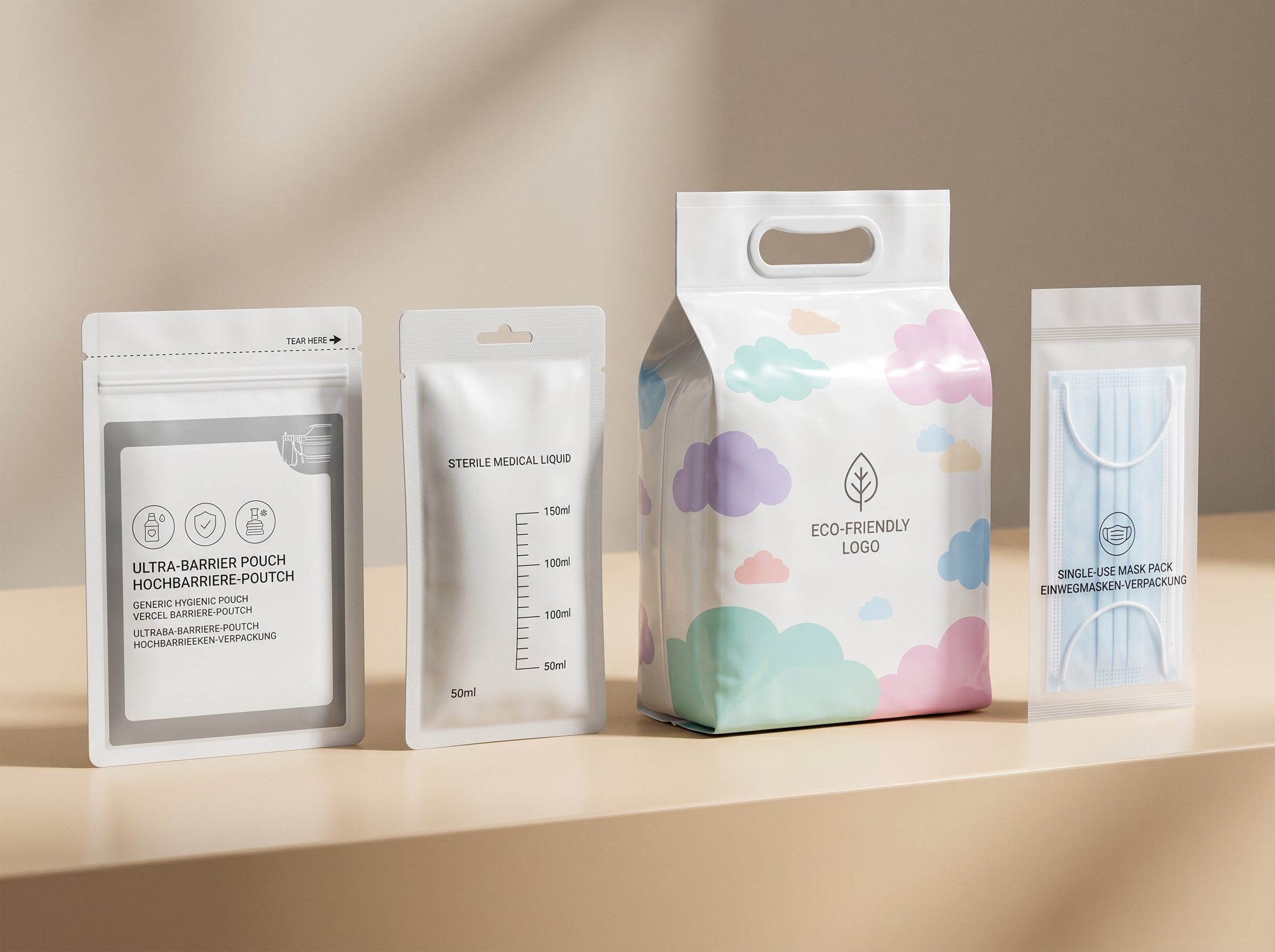 Health kit packaging group with sterile medical, hygiene, diaper, and mask packs