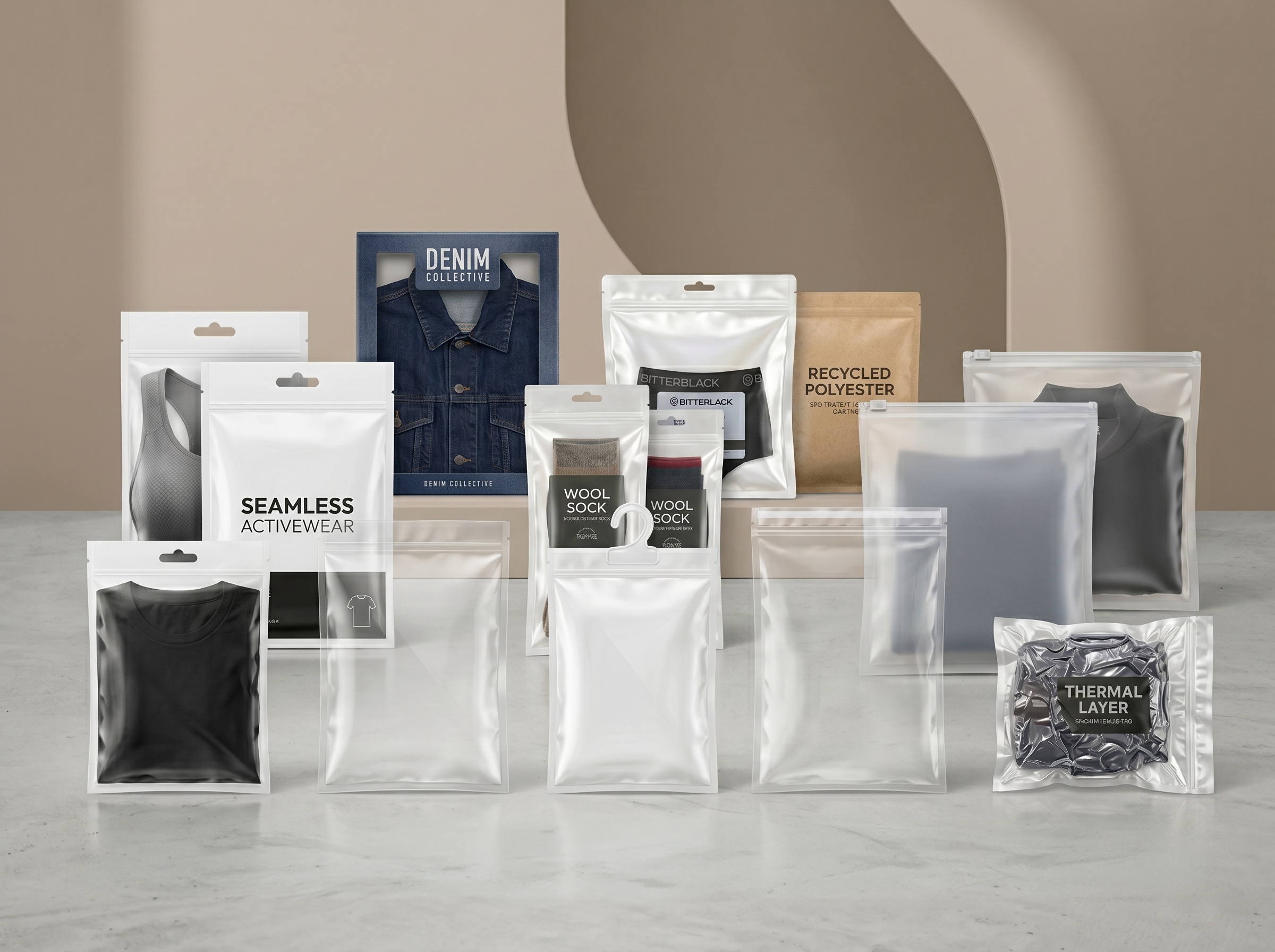 Textile packaging family with garment bags, hanger bags, and zipper pouches