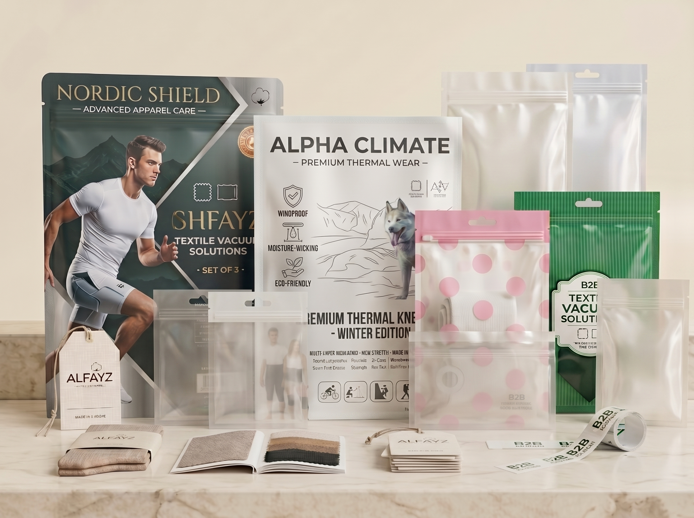 Textile packaging group with apparel bags, vacuum packs, and textile pouch samples